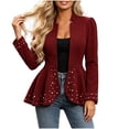thumbnail image 2 of GaThRRgYP Womens Jean Jacket Cropped Women's Stand Collar Open Front Waist Fitted Peplum Hem Solid Color Pearl Embellished Stylish Long Sleeve Jacket Red XL, 2 of 9