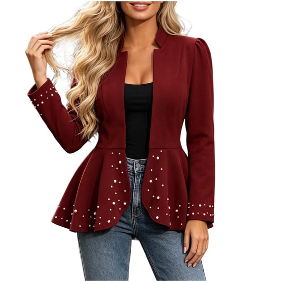 Sexlip Women Peplum Blazer Jacket Stand Collar Puff Long Sleeve All Over Pearl Beaded Open Front Fitted Waist Evening Party Semi Formal Outer Coat Red XL