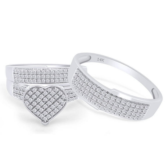 AFFY White Natural Diamond Heart Trio Wedding Ring Set In 14k White Gold (0.75 Cttw), Ring Size- 12