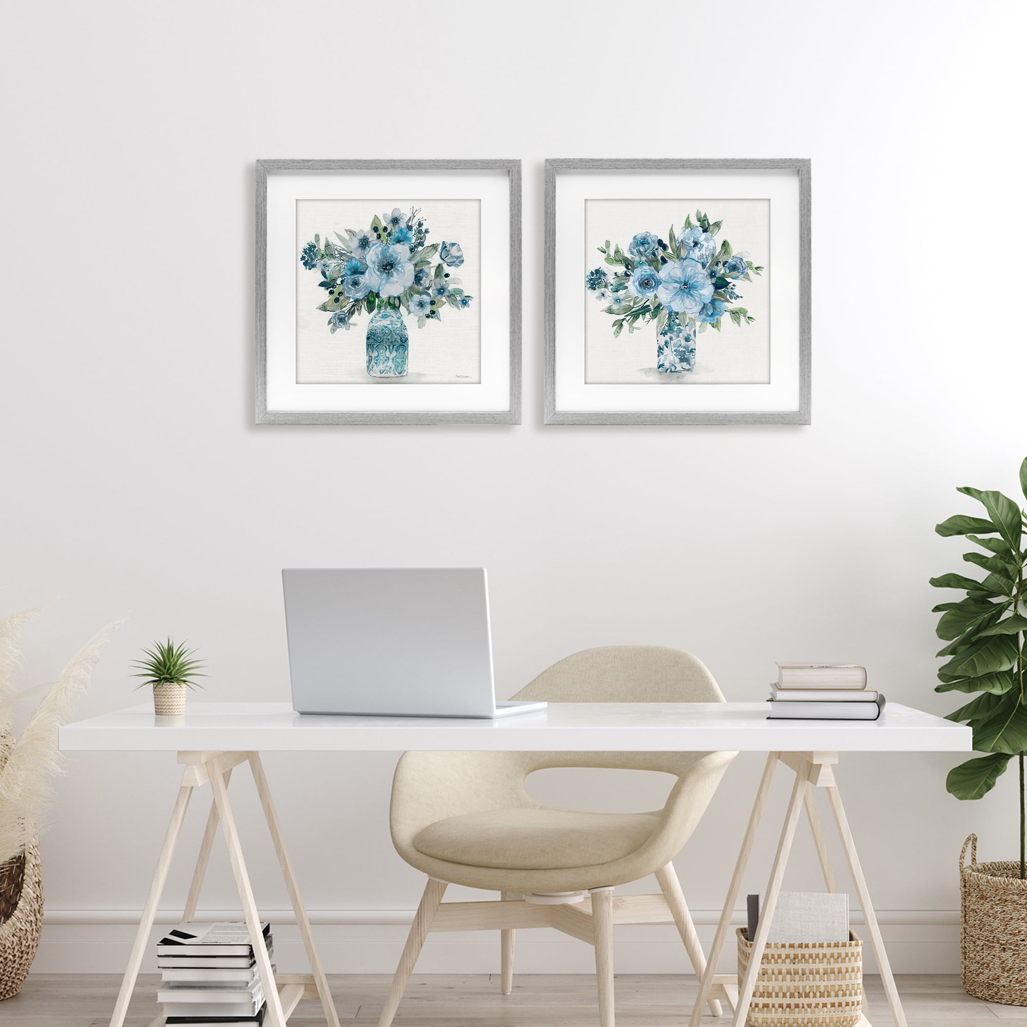 Stupell Industries Pastel Blue Floral Vase Arrangements 2 Piece Gray Framed Print Under Glass Set, design by Carol Robinson