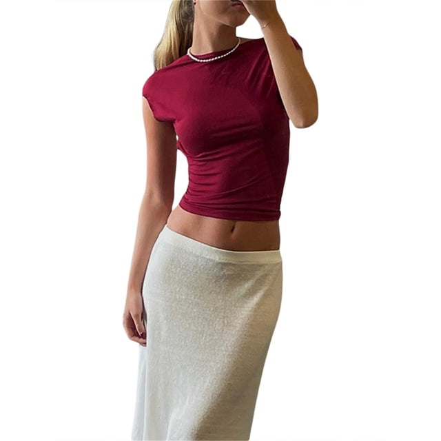 Sunloudy, blusas cortas para mujer, suéter de moda de Color sólido de manga corta para mujer, camiseta reversible en la parte delantera y trasera, rojo/azul Sunloudy moda