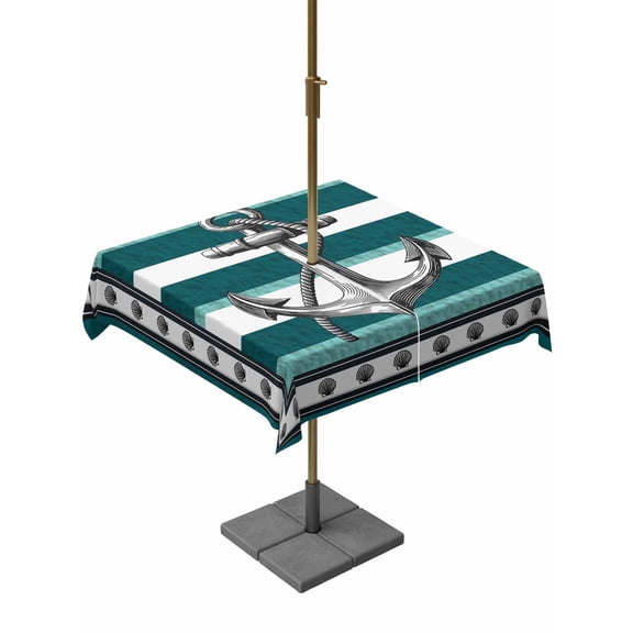 Outdoor Tablecloth with Umbrella Hole and Zipper, Teal Blue Anchor Square Table Cloth 54x54 Inch Waterproof Tablecloth, Nautical Summer Beach Coastal Ocean Picnic Table Cover for Patio Camping