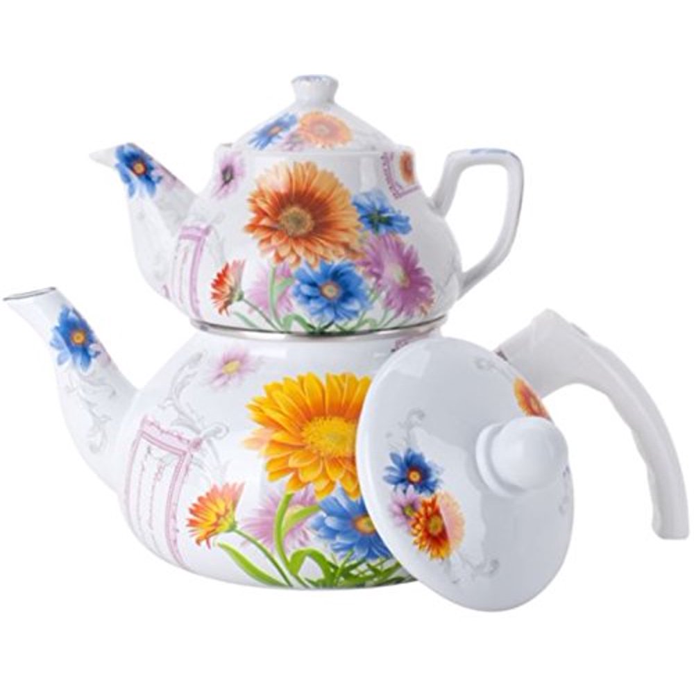Double Tea Kettle Porcelain Teapot 2Pc Set 0.852L Ceramic + 2Ltr