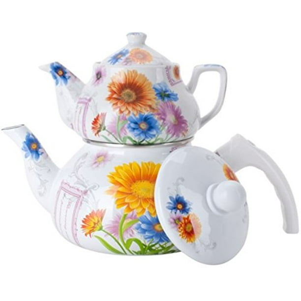 Double Tea Kettle Porcelain Teapot 2 Pc Set 0 852l Ceramic 2ltr Enamel Pot Samovar Turkish Style Walmart Com Walmart Com