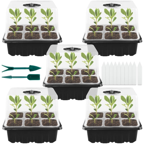 Hands DIY 5Pcs Seed Starter Tray w/ Heightened Lids Seedling Tray w/ Adjustable Humidity Dome and Base Plant Germination Tray for Seeds Growing Starting