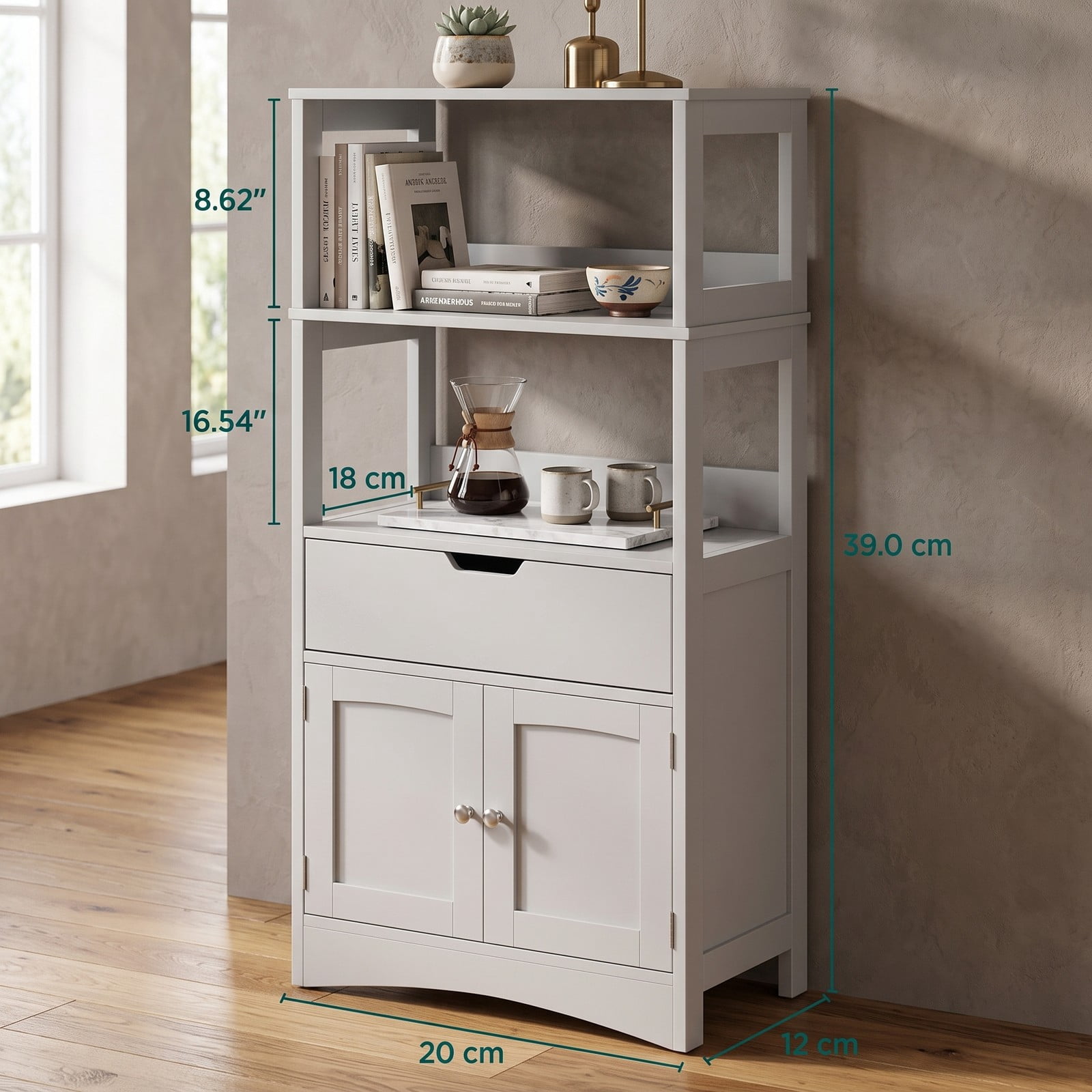 Fenbeli Bathroom Storage Cabinet, Freestanding Floor Cabinet with 3 Open Shelves, Pull-Out Drawer & 2 Doors, Anti-Toppling Wooden Organizer for Bathroom Kitchen, Gray