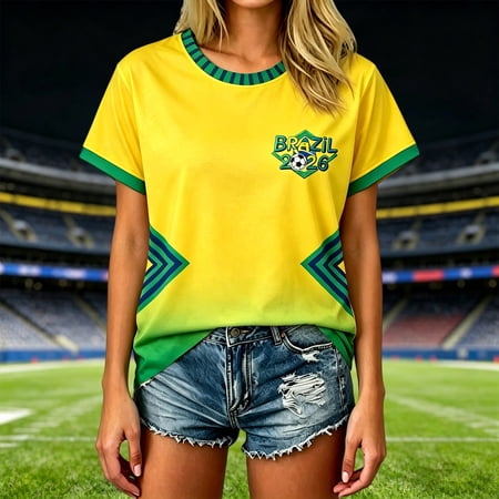 Trendfront Women's Brazil 2026 Letter Print Top Oversized Soccer Fan Crew Neck Short Sleeve Graphic Athletic Training Fitness Gym Jersey Shirt Pullover