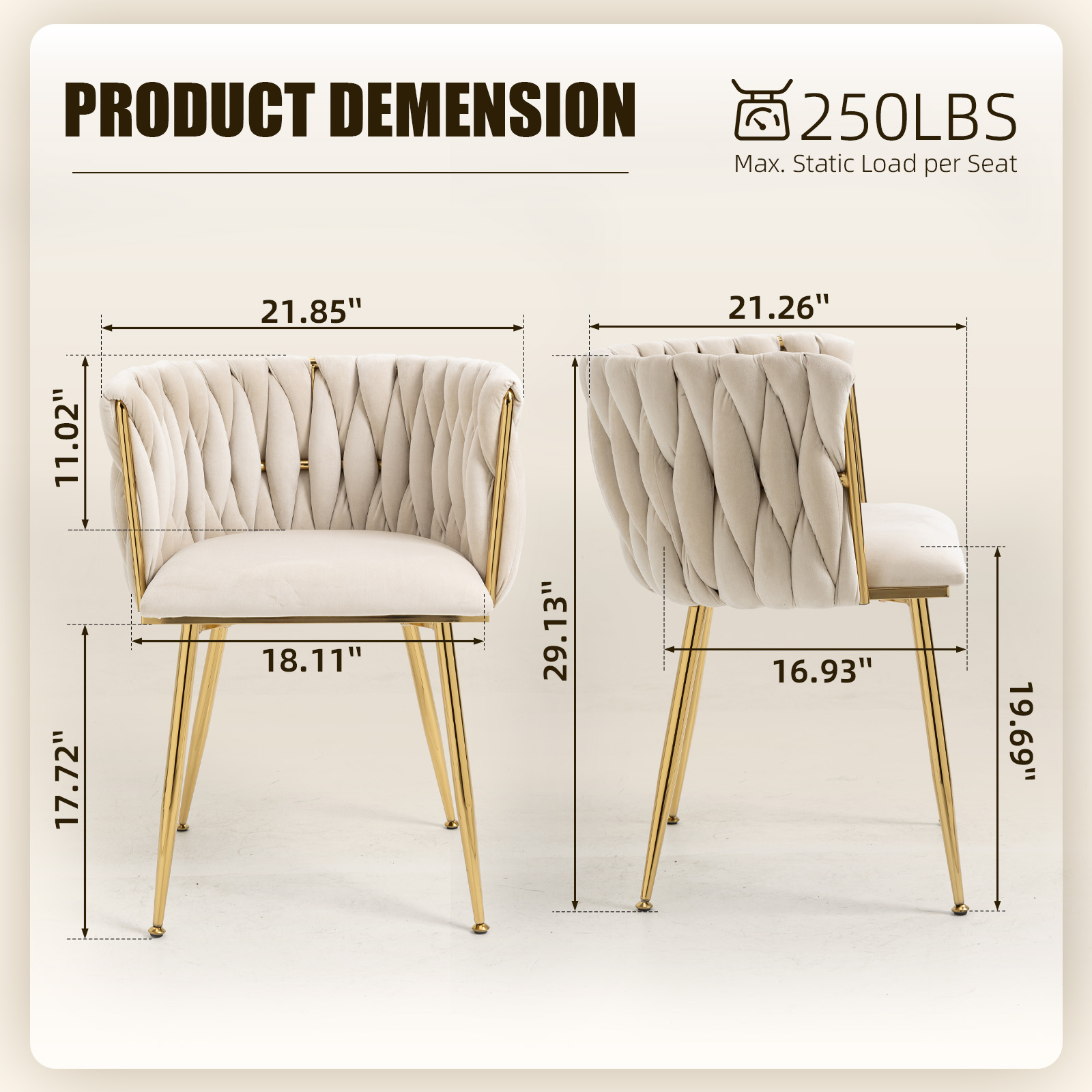 MOONMISS Velvet Upholstered Tufted Wood Frame Side Dining Chair with Golden Legs（set of 2）-Ivory