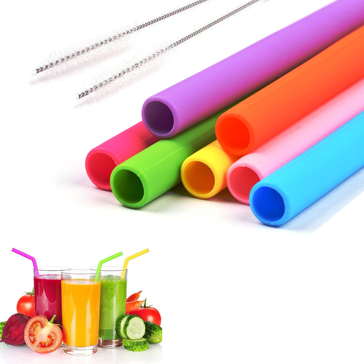 6Pcs Reusable Silicone Drinking Straws 10'' Extra Long Flexible Straws