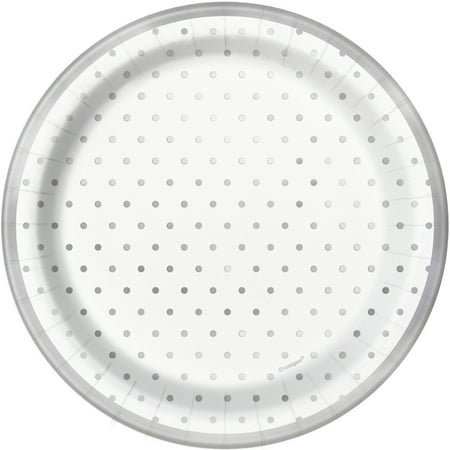 Silver Plated Pedestal - Foil Elegant Silver Polka Dot Paper Dessert Plates, 7 in, 8ct
