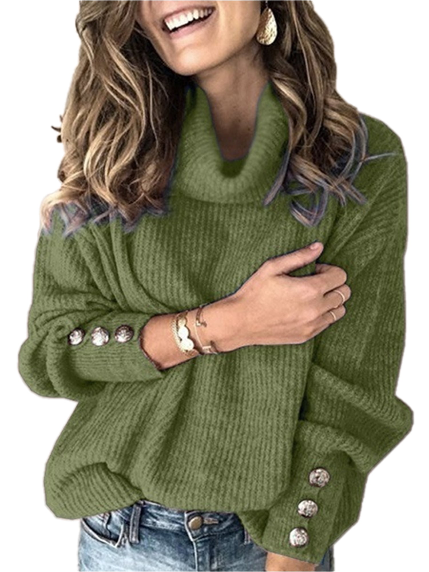 Womens Turtleneck Stretchy Knit Sweater Fall Winter Casual Loose Long ...