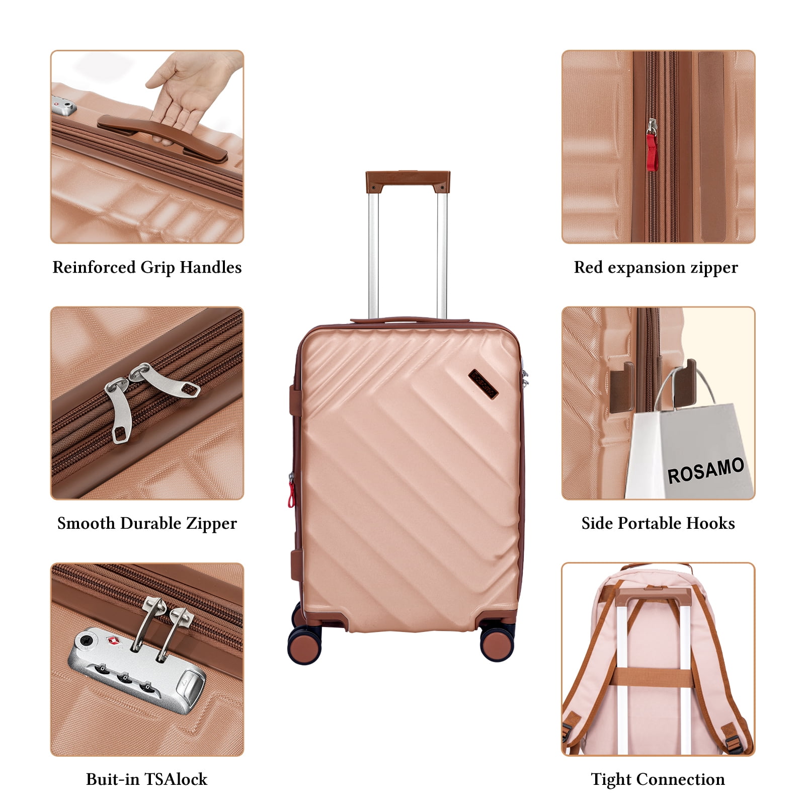 Rosamo 3-Piece 20 inch Hardside Luggage Set, Carry on Suitcase with Spinner Wheels & TSA Lock, Travel Backpack with USB & Type-C Charging Port, Toiletry Bag, Pink