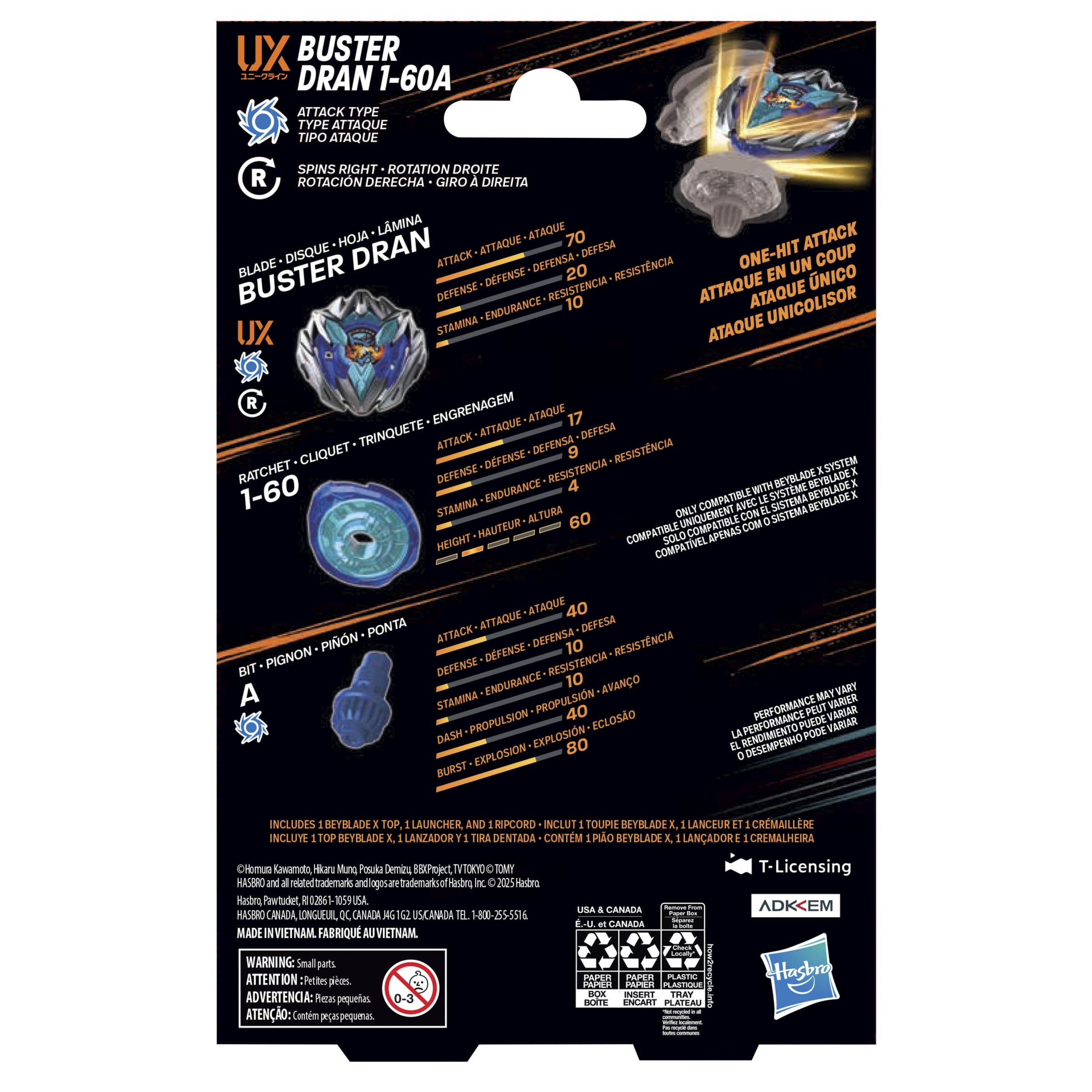 Beyblade X Buster Dran 1-60A UX Starter Pack with Blue Attack Type Battling Top & Launcher Set, Ages 8+