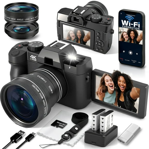 4K Digital Camera for Photography with WiFi Auto-Focus Vlogging Camera for YouTube with Flip Screen, Come with 2 Batteries, Wide & Macro Lens, MicroSD Card, Card Reader