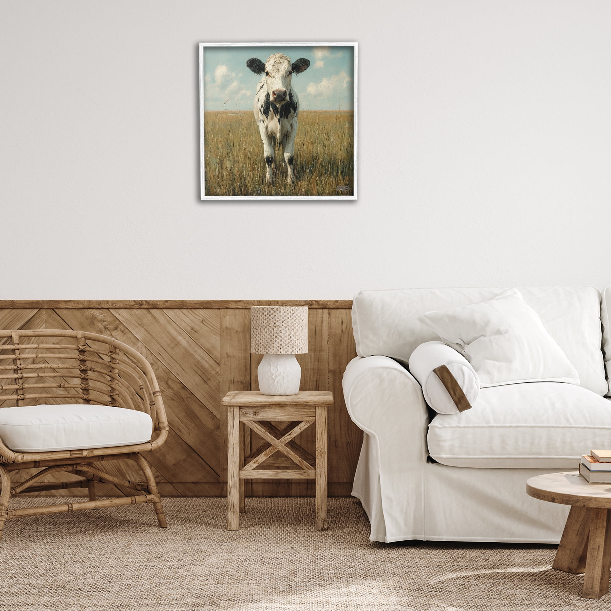Stupell Industries Cow in Verdant Field Animals & Insects Painting White Framed Art Print Wall Art, 24 x 24