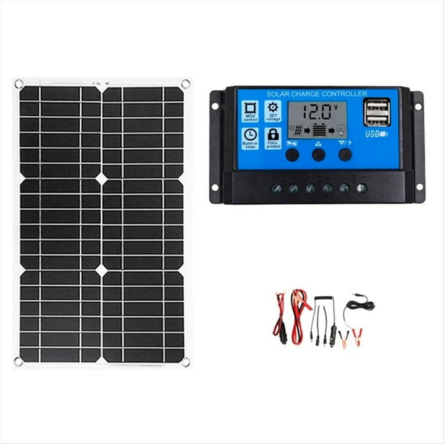 Kit de System de Panel Solar con Batería de Coche de 20 W, Cargador Solar, Controlador de Panel Solar Flexible Portátil, Salida 2USB