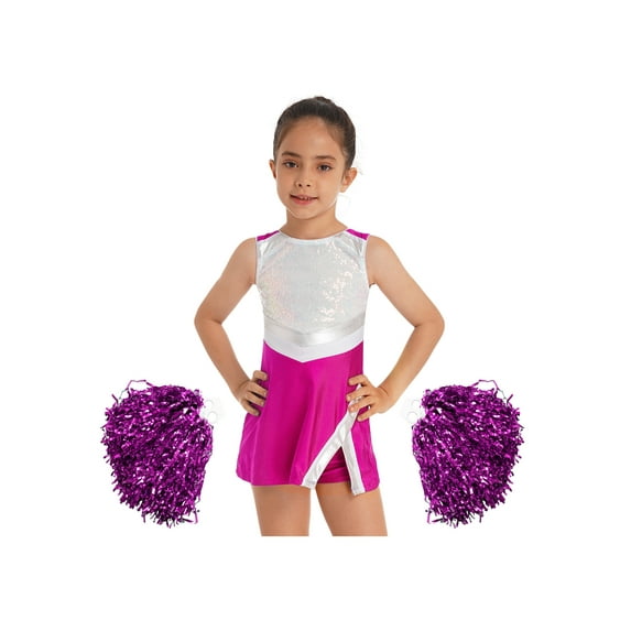 YEAHDOR Girls Cheerleading Outfit Shiny Sequins Dress with Shorts Pompoms Set for Halloween Dress Up Party