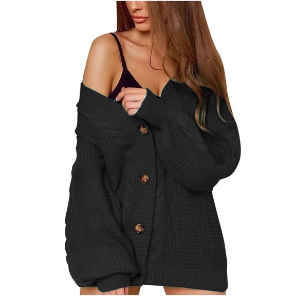 Odeerbi Cardigan Sweaters For Women Fall Winter Sweaters Trendy Solid Color Button Up Long Sleeves Knit Loose Tops Blouse Black