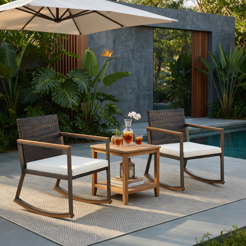 Hommoo 3-Piece Outdoor Rattan Rocking Bistro Set, 2 Rocking Chairs + Coffee Table with Cushions, PE Rattan & Acacia Wood, Weather-Resistant Patio Furniture, White