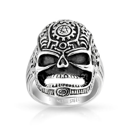 Mens Day Of Dead Caribbean Pirate Skull Head Signet Ring For Men Oxidized Silver Tone Stainless Steel