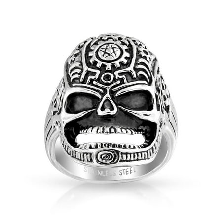 Mens Steel Biker Gothic Pentagram Steampunk Gear Skull Ring