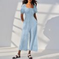 thumbnail image 3 of uublik Jumpsuit Women Light Blue Elegant Loose Short Sleeve Wide Leg Romper Square Neck Casual Overalls, 3 of 4