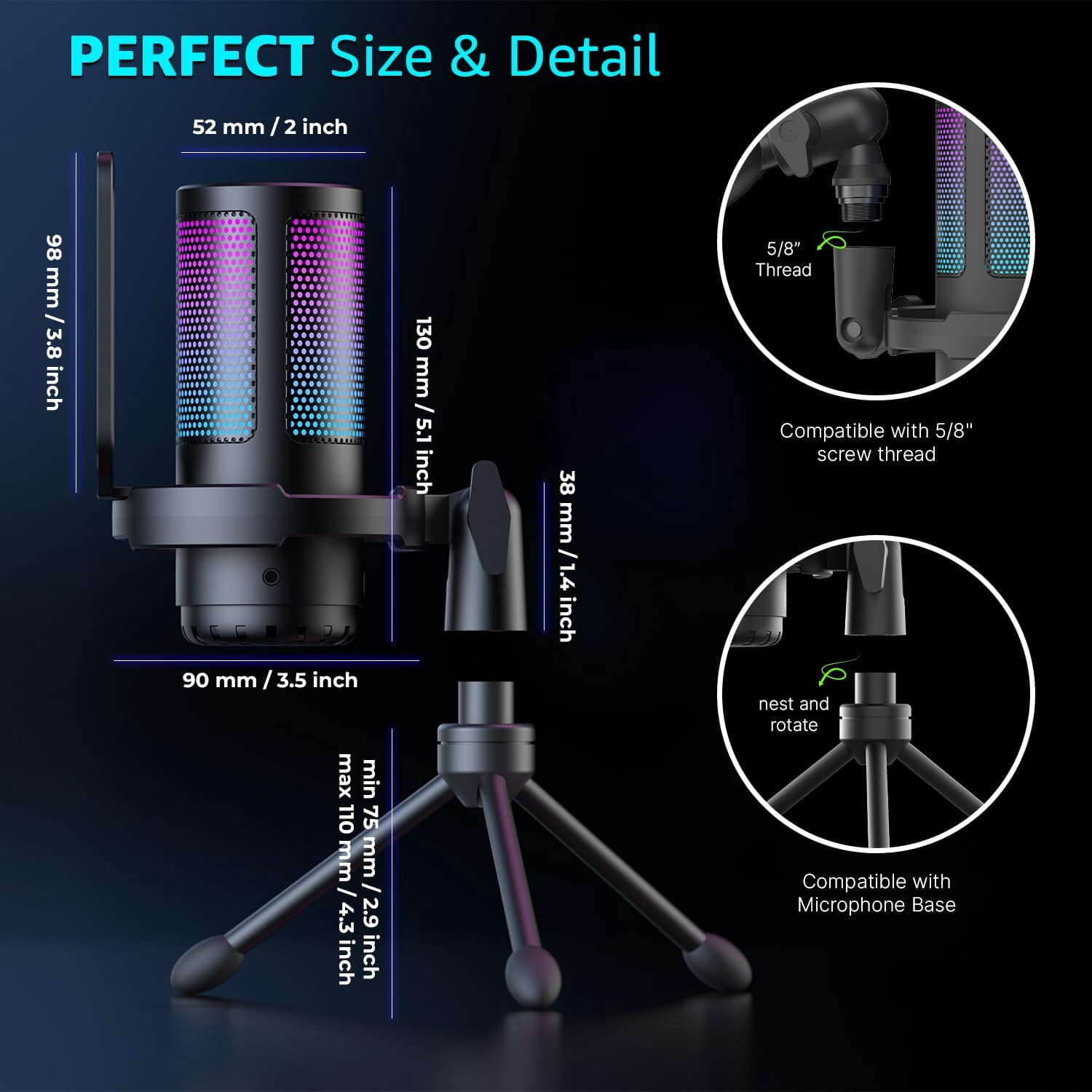 IXTECH USB Gaming Microphone for PC, RGB Condenser Microphone with Tripod Stand, Pop Filter, Rotate Gain Button, and Quick Mute, Noise Cancellation Computer Mic for Streaming, Gaming, Podcasting