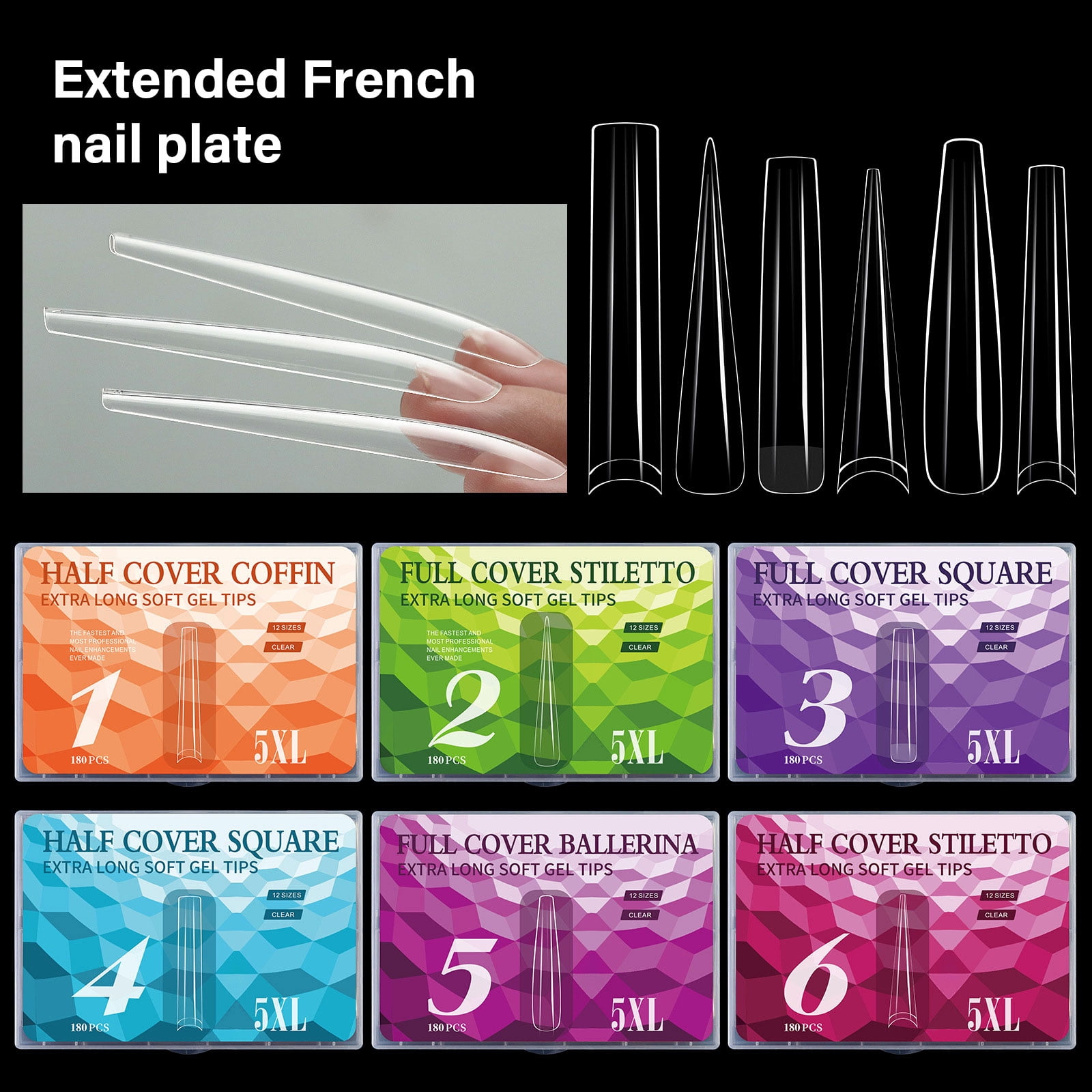 180pcs Extra Super Long 5XL Transparent Nails Tips for Salon Quality French Nails Art Wedding Party Nails Decorations