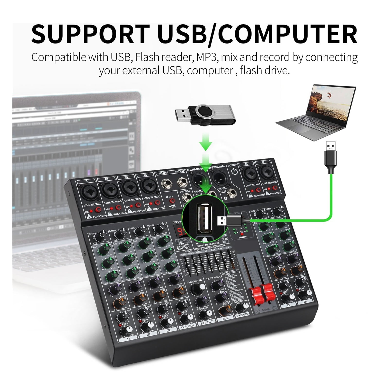 Professional 6 Channel Audio Mixer With 99 DSP Effects,7