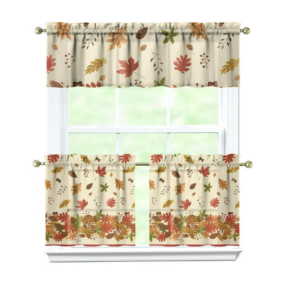 Rod Pocket Kitchen Curtain Set 3-Piece, 27.5x36 Inch Valance & Tier Drapes, Polyester Pongee Cafe Curtains for Living Room, Bathroom, Farmhouse Rustic Country Window Treatments.