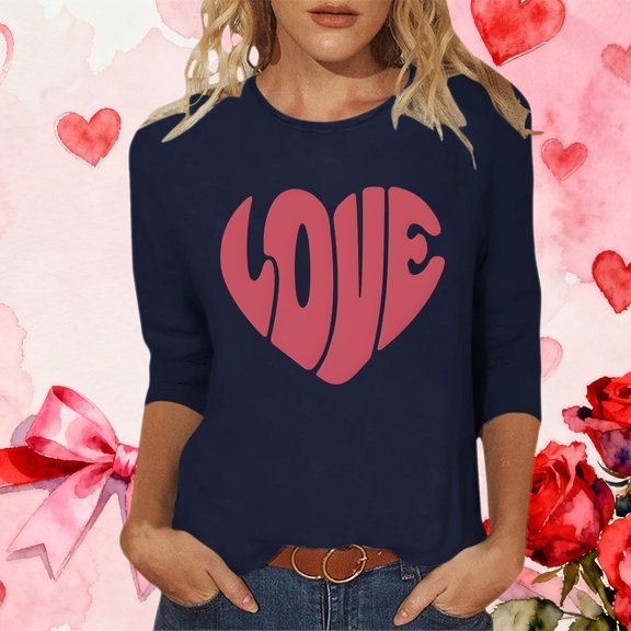 Gamivast Valentine Shirt for Women Cute Love Heart 3/4 Sleeve Casual Tee Tops Casual Loose Crew Neck Trendy Thsirts Holiday Tunic Pullover Spring Outfit
