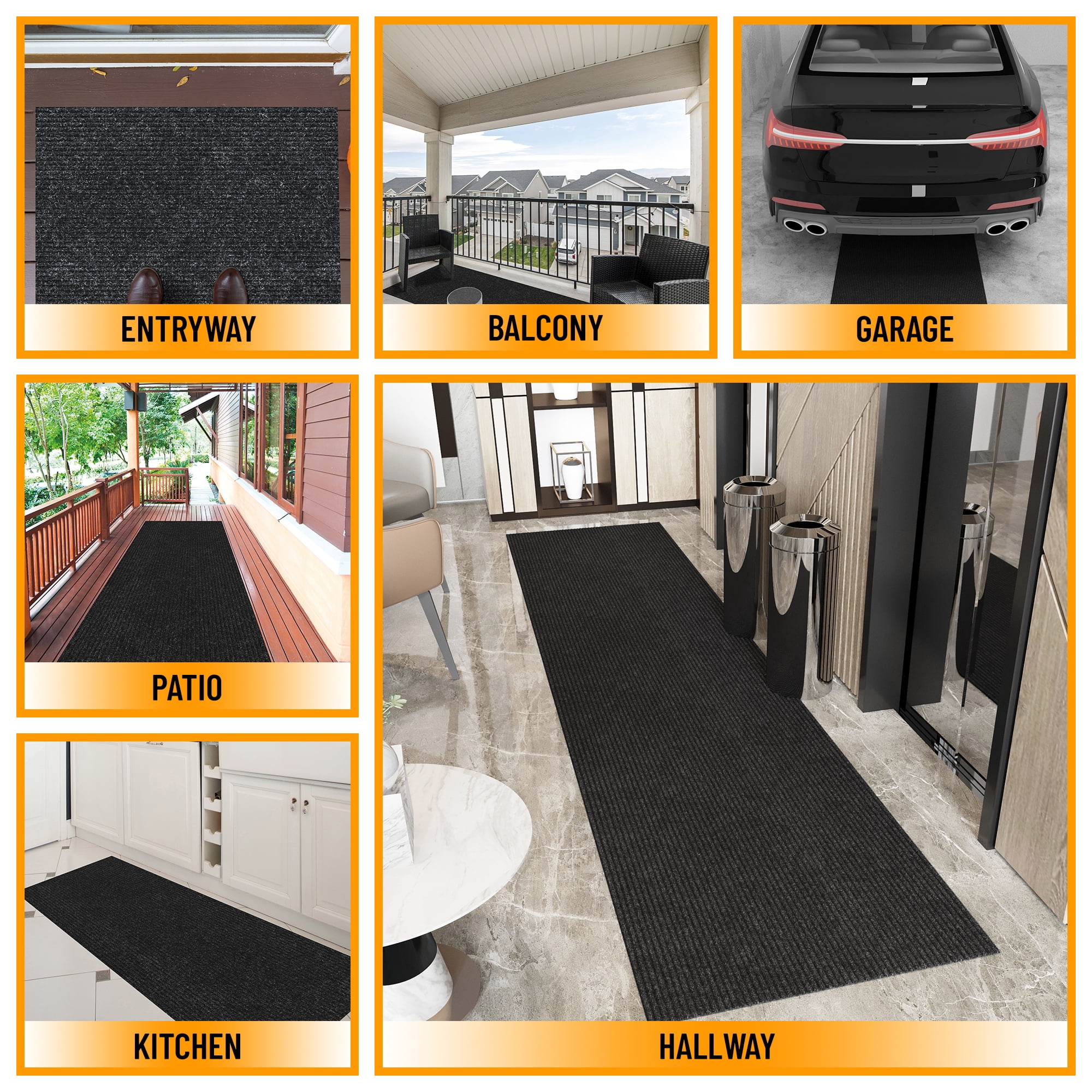 Ottomanson Non-Slip 2-Piece Kitchen Rug Set, Hallway Runner & Doormat for Entryway, 2' x 3' & 2' x 5', Black Ribbed