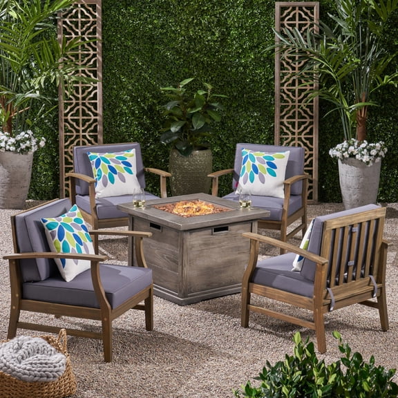 GDF Studio Lilith Outdoor 5 Piece Acacia Wood Patio Conversation Sets with Fire Pit, Gray Finish