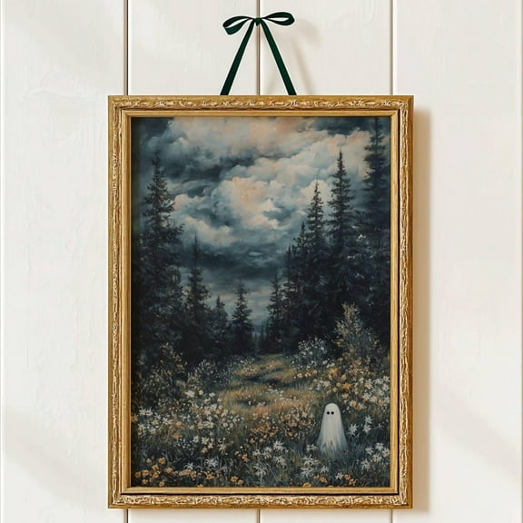 Cute Ghost In Wildflower Field – Spooky Cottagecore Forest Wall Art, Whimsical Aesthetic Print With Gold Frame Decor Wall Art, Modern Wall Decor, 8x12 UNFRAMED