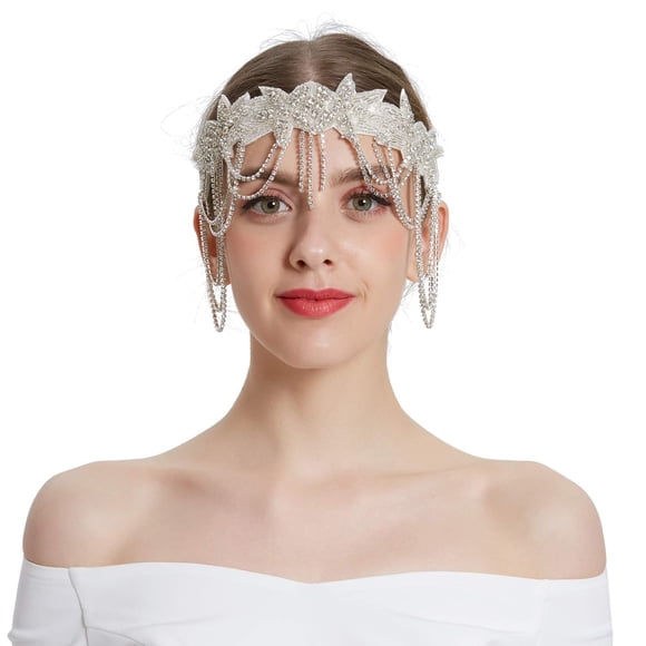 Tocado estilo flapper de los años 20, diadema con cuentas de los años 20, cadena para diadema del Gran Gatsby para mujer, accesorio para el cabello Vintage (HD6092white)