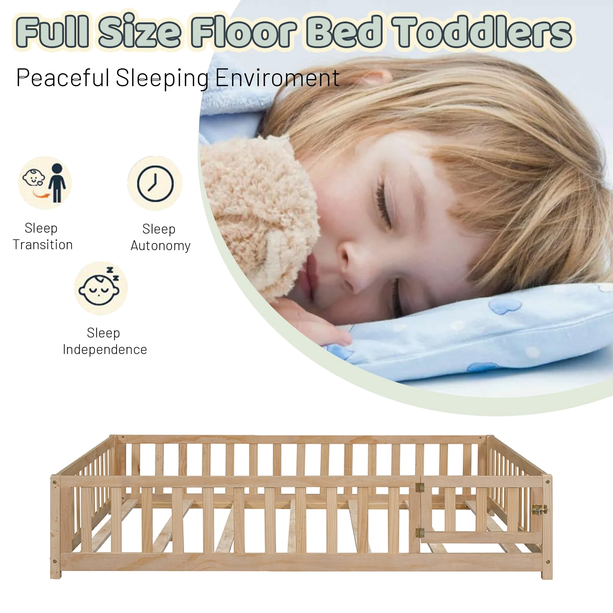 Mirightone Full Floor Bed with Rails and Door, Montessori Floor Bed with Support Slats,No Box Spring Needed, Natural