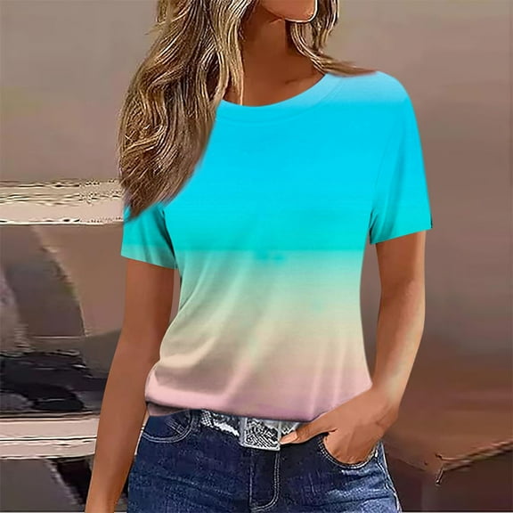 Work Blouses for Women Women Blouses Women's Casual And Fashionable Printed T-shirt With Round Neck And Short Sleeved Top Sky Blue XL