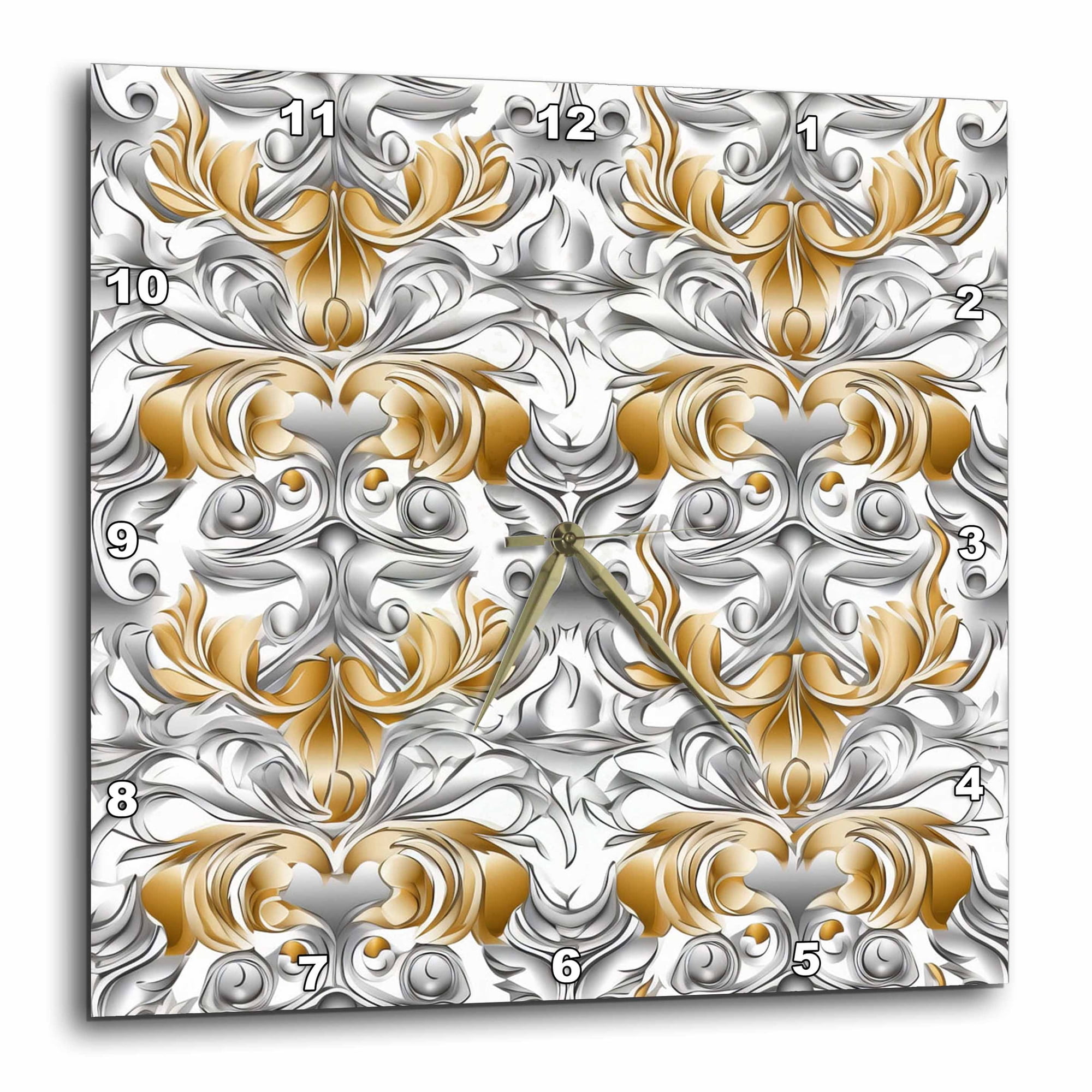 3drose, Elegant Image of Gold and Silver Damask Pattern, 10x10 Wall Clock