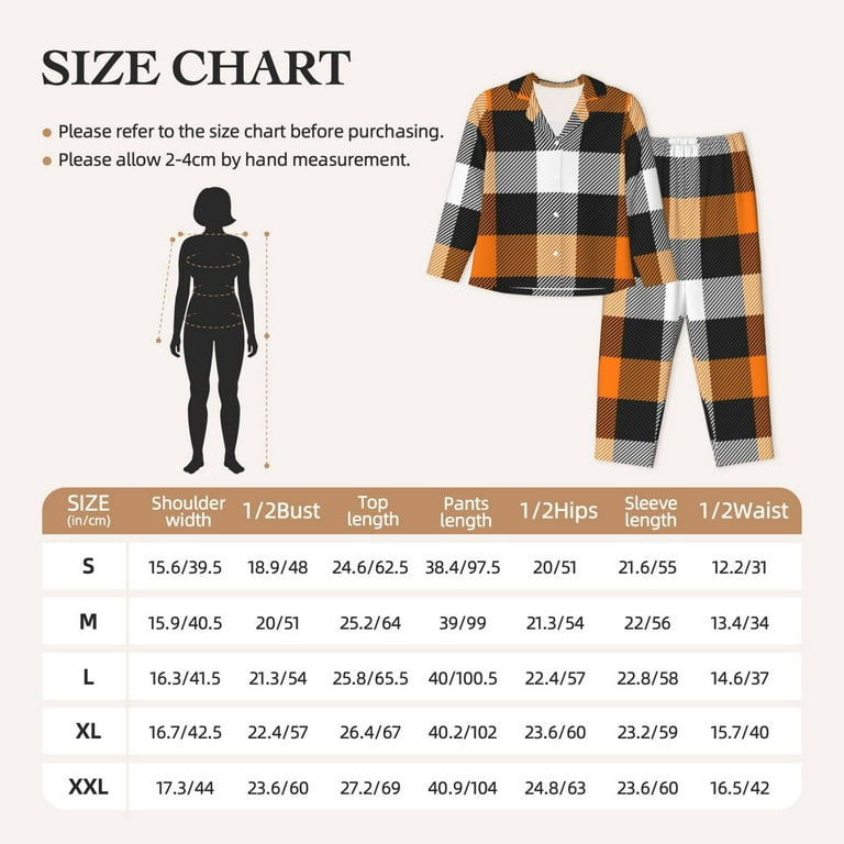 Kll Orange Plaid Print 2 Women\'S Sleeve Set-Small Sleepwear Pajamas Long Pants With Loungewear