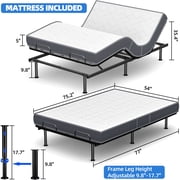 Adjustable Bed with Mattress 77X54 Full Size Wired Remote Simultaneous Head & Foot Incline Zero Gravity Aniti-Snore Adjustable Leg Heights Bedroom Hotel Hospital