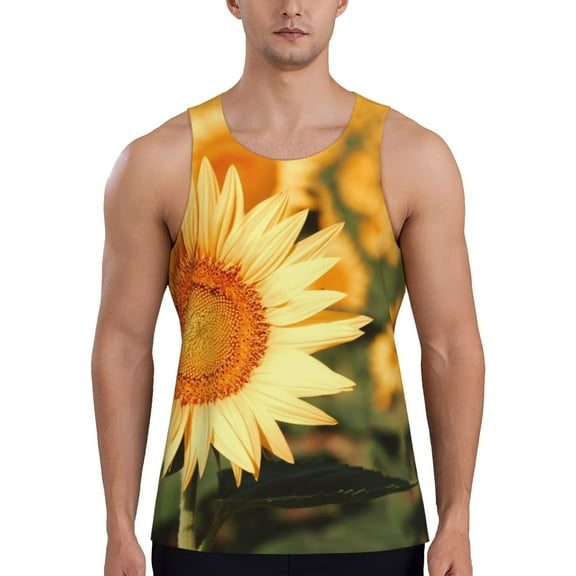 Qokaie Golden Sunflower In Field Printed Men's Workout Tank Top, Quick-Dry Sleeveless Gym Shirt, Breathable and Lightweight, Loose Fit Muscle Tee for Running, Beach, Sports-3X-Large