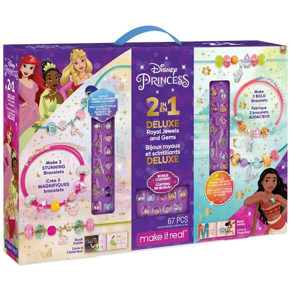 Disney Princess 2-in-1 Deluxe Royal DIY Jewels & Gems Kit- Create 6 Princess Charm Bracelets, 67 Piece,  Ages 8 