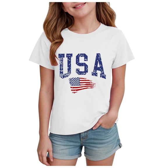 Girls T-Shirt 2-14 Years American Flag Patriotic Print 4th of July Independence Day Outfit Casual Summer Tee Versatile Lightweight Modern Classic(3-4 Years,A123-White)