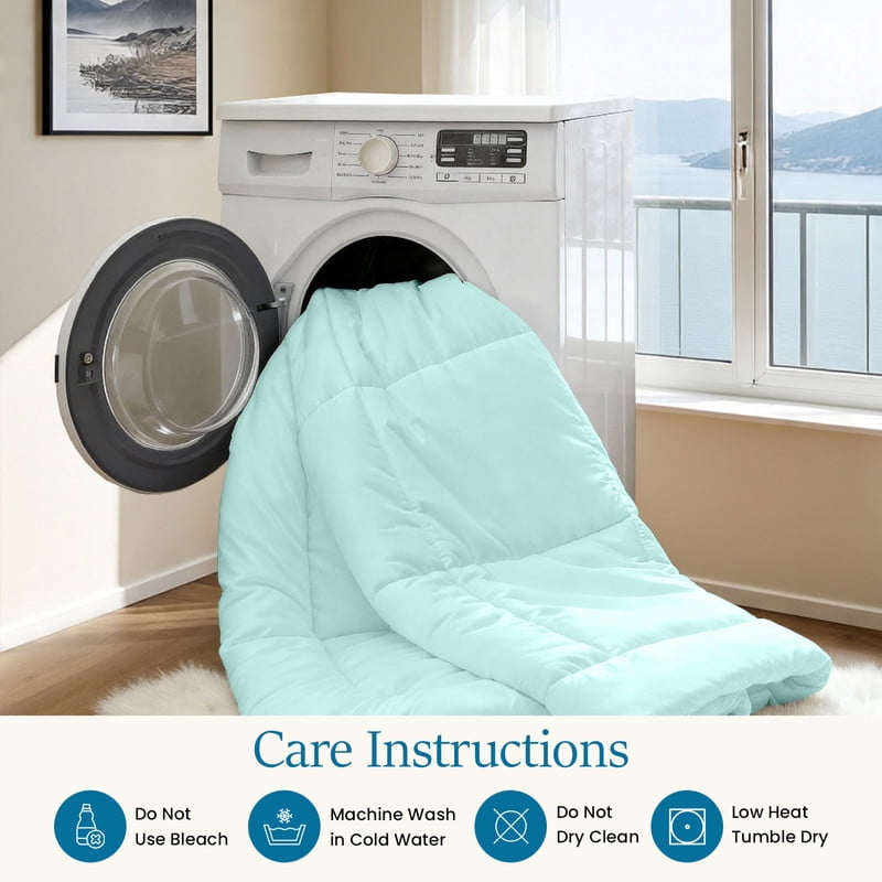 100% Cotton All-Season Comforter - Box Stitched Comforter - Bedding with Corner Tabs Machine Washable Lightweight Color Aqua-Blue Solid Pattern Size Queen (90"x 90")
