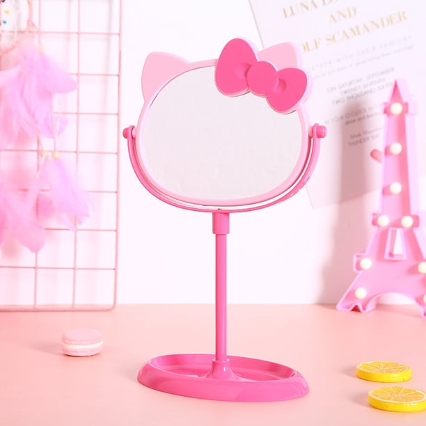 Gran venta de espejo de maquillaje KT Kawaii con cabeza de gato, espejo giratorio multifuncional de doble cara, espejo cosmético con lazo rosa