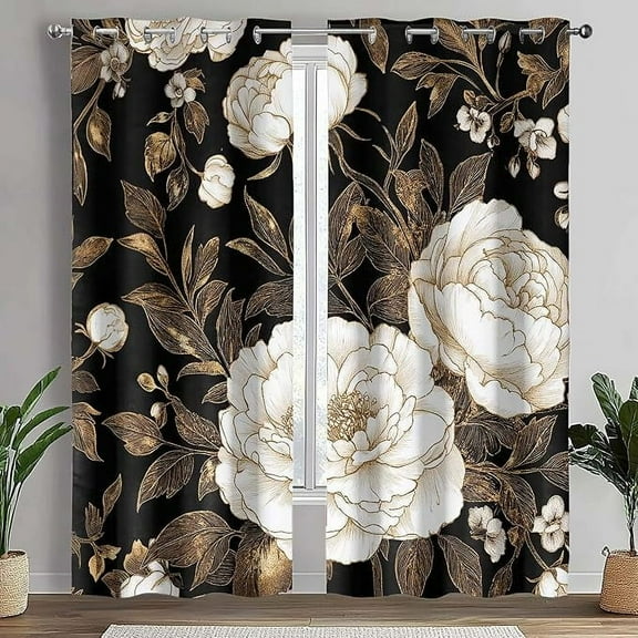 Black Gold Floral Blackout Curtains For Bedroom, Boho Dark Flower Leaves Botanical Darkening Window Curtains, Vintage Rose Gold Grommet Curtains For Living Room 42"W x 96"L (Pack of 2)