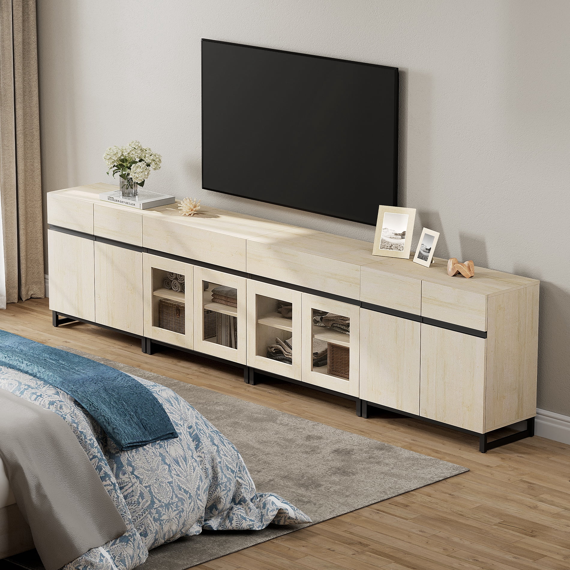 Modern TV Stand For Tvs Up To 120 Inches, 4 In 1 TV Console With Glass Doors And 2 Drawers, Media Console With Adjustable Shelf For Living Room,Beige