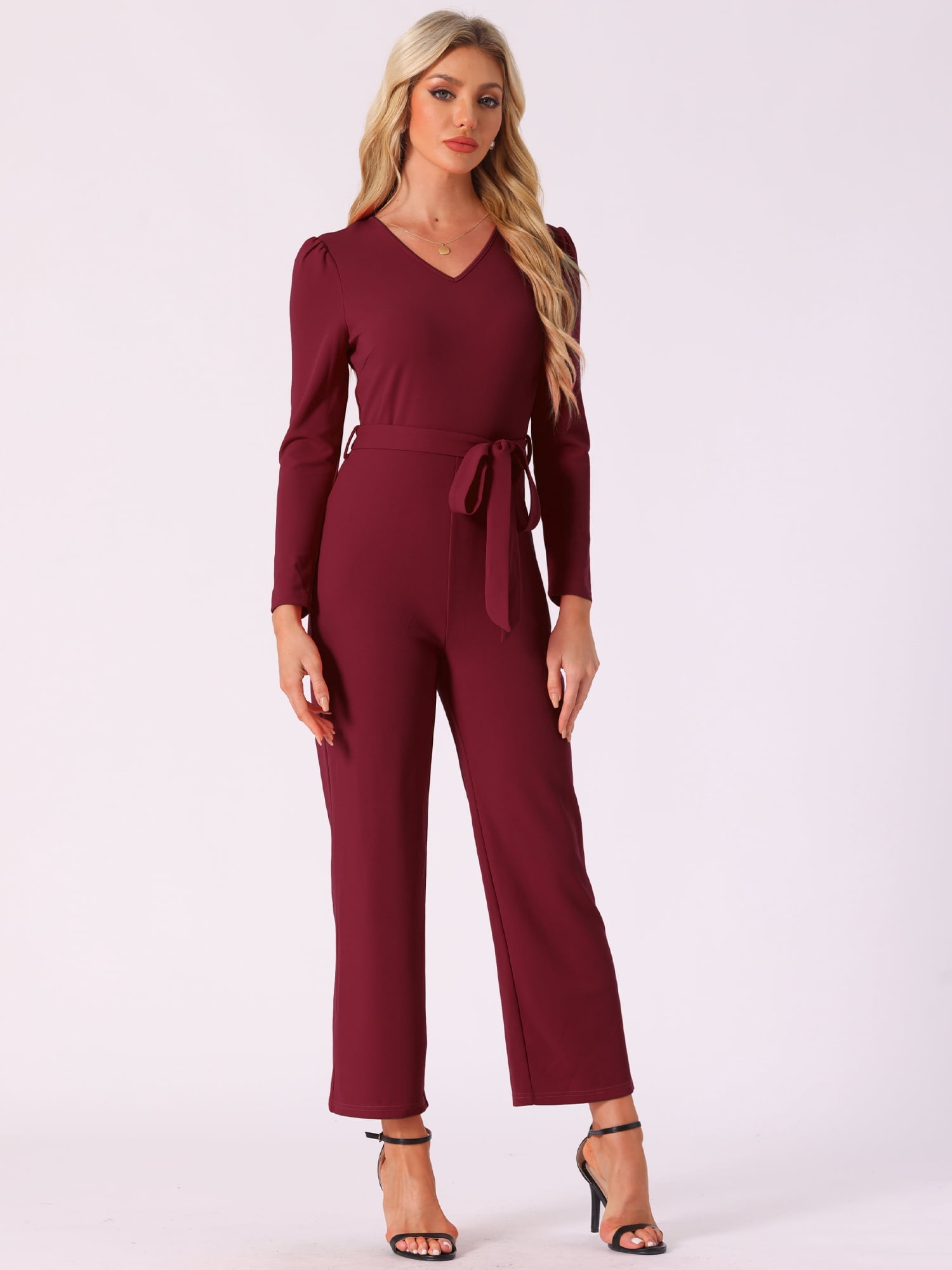 DARING DIVA Women's V Neck Wide Leg Elegant Knit Jumpsuits S Wine Red