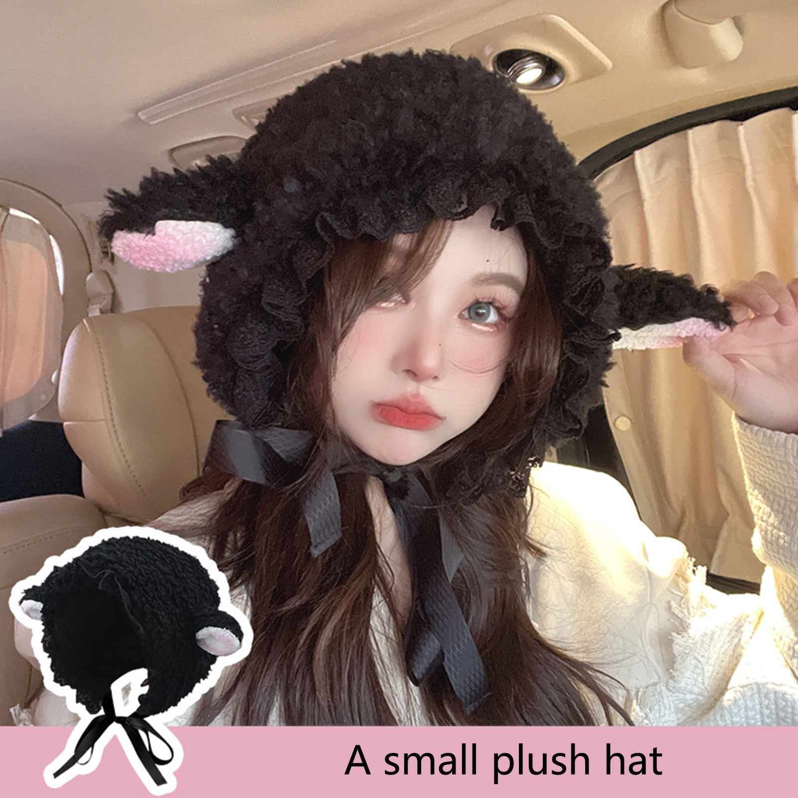 rygai Ladies Hat Photo Prop Sheep Ear Decor Solid Color Fluffy Thick Keep Warm Windproof Adjustable Winter Hat for Students,White