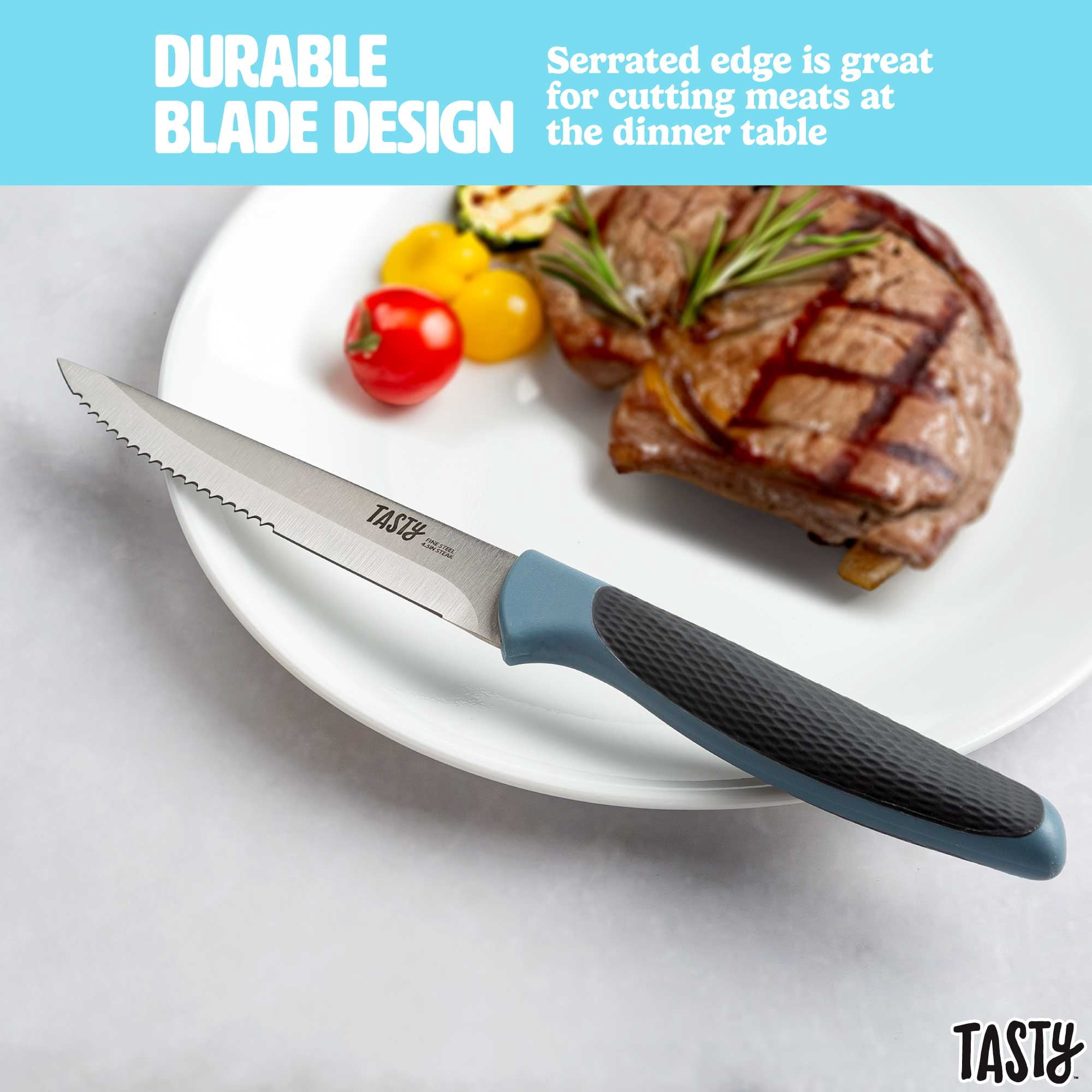 Tasty 4 Piece Stainless Steel Steak Knife Set, Serrated Edge, Blue